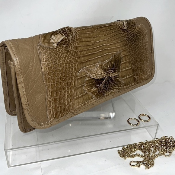 Carlos Falchi Exotic Crocodile Alligator and Leather Snap Envelope Clutch Bag - Picture 1 of 12